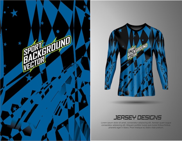 Diseño de camiseta deportiva azul y negra con patrón geométrico