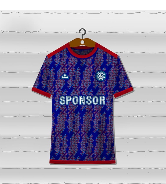 Diseño de camiseta deportiva de combinación roja y azul con un fondo abstracto