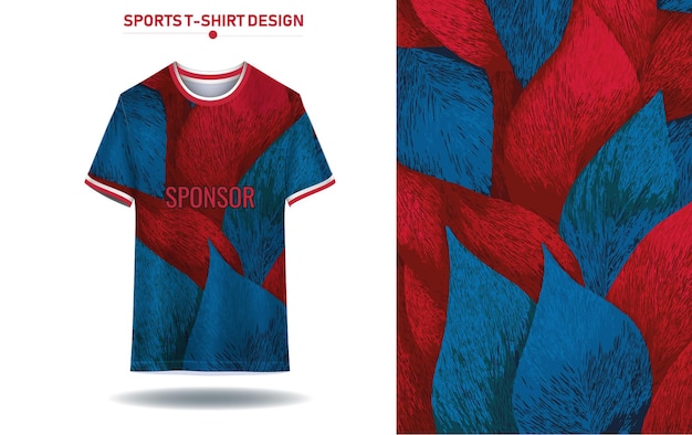 Diseño de camiseta deportiva con elementos abstractos en forma de hoja en rojo y azul