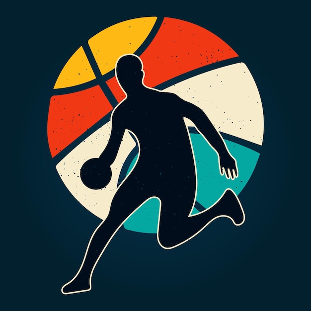 Diseño de camiseta deportiva de estilo retro de silueta de jugador de baloncesto