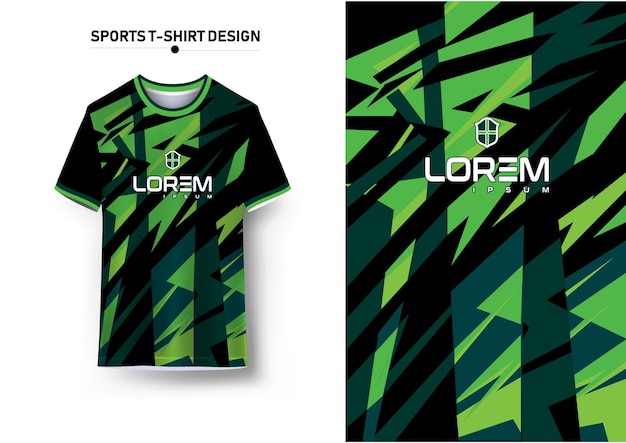 Diseño de camiseta deportiva con formas geométricas dinámicas verdes y negras