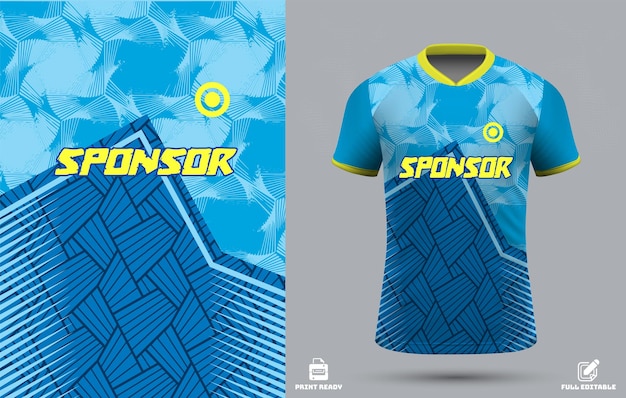 Diseño de camiseta deportiva con texto de patrocinador y patrones geométricos en azul y amarillo