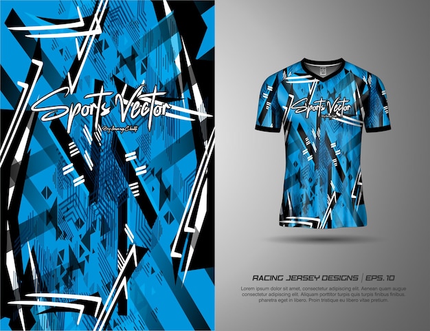 Diseño de camiseta deportiva vectorial patrón de carreras abstracto en azul y negro