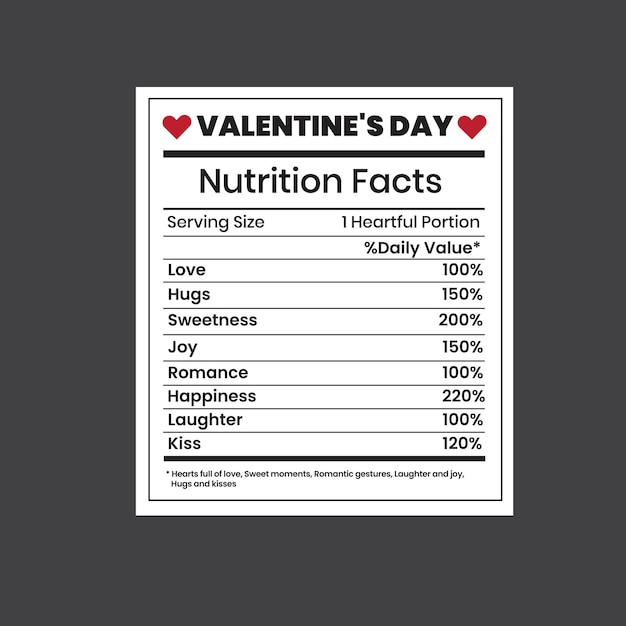 Diseño de camiseta para el día de San Valentín con datos nutricionales plantilla plantilla de diseño de camiseta para el día de San Valentín