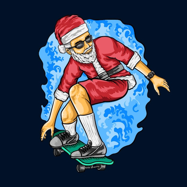 diseño de camiseta dibujado a mano santa claus con ilustración de patineta
