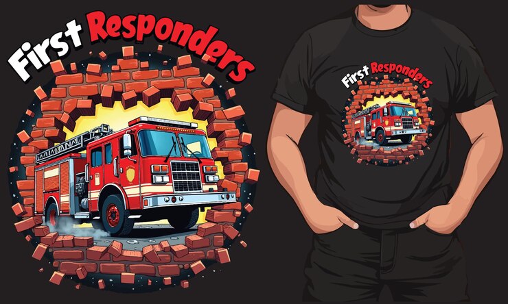 El diseño de la camiseta es un homenaje a los primeros en responder, el camión de bomberos rompiendo la pared.