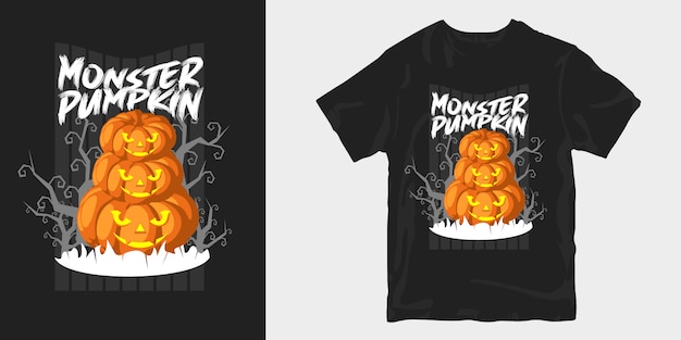 Diseño de camiseta espeluznante de halloween de calabaza monstruo póster