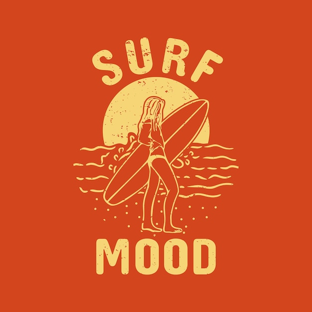 Diseño de camiseta, estado de ánimo de surf con surfista bajo la ilustración vintage puesta de sol