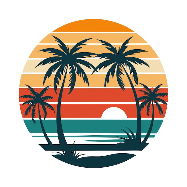 Diseño de camiseta de estilo retro de palma de playa aislada en un fondo