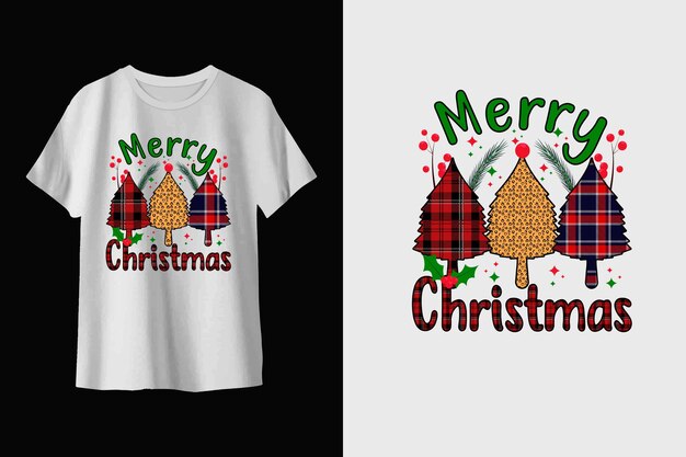 Diseño de camiseta de feliz navidad con árbol.