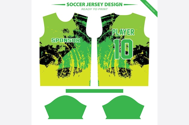 Un diseño de camiseta de fútbol verde y amarillo para imprimir.