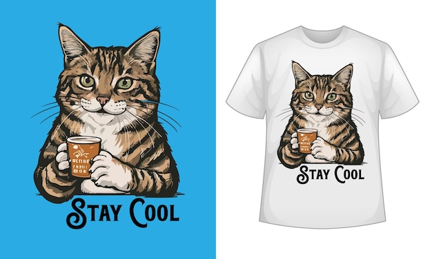 Diseño de camiseta de gato comiendo café