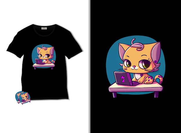 Vector diseño de camiseta de gato kawaii lindo ilustración de arte de impresión de tela de camiseta de gato