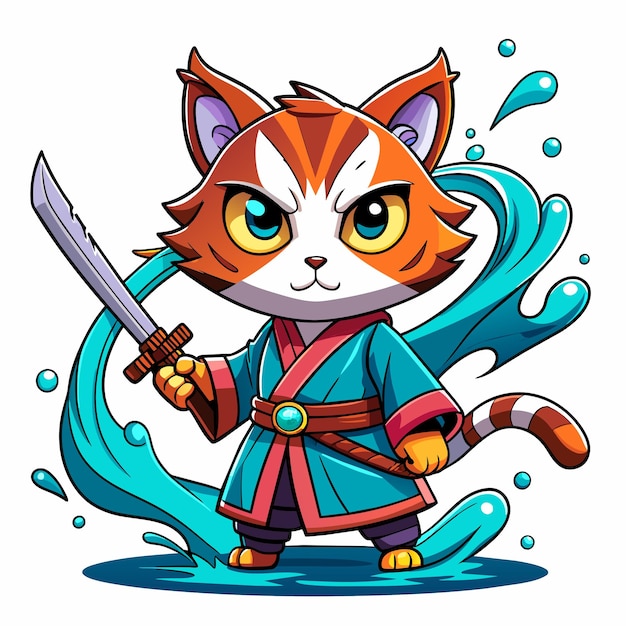 Diseño de camiseta gato samurai lindo y gótico con salpicaduras en el fondo