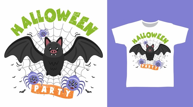 Vector diseño de camiseta de halloween de murciélago y araña