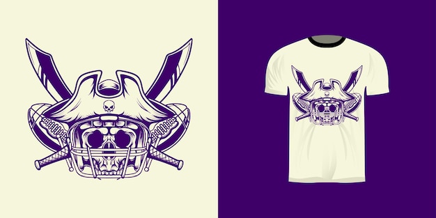 Diseño de camiseta ilustración arte lineal rey pirata fútbol americano con estilo retro