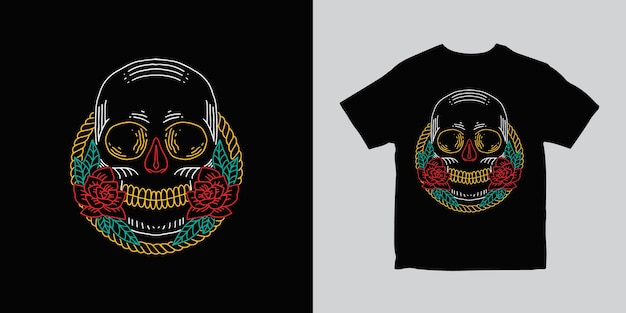 Diseño de camiseta con ilustración de calavera y rosa.