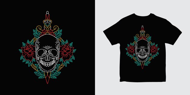 Diseño de camiseta de ilustración de contorno de flor de espada de calavera