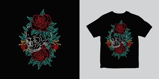 Diseño de camiseta de ilustración de contorno de flor de rosa de calavera