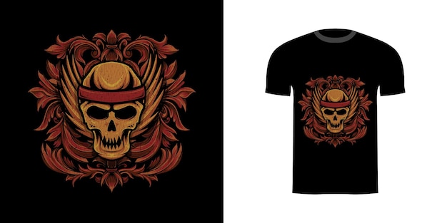 diseño de camiseta, ilustración, cráneo, alas, con, grabado, ornamento