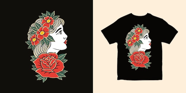 Diseño de camiseta de ilustración de flor femenina