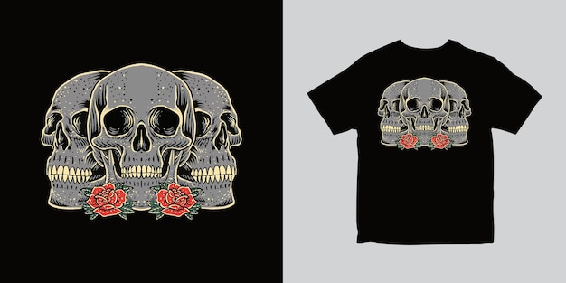 Diseño de camiseta con ilustración de flor de tres calaveras