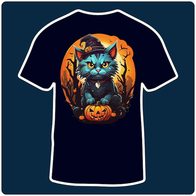 Diseño de camiseta de ilustración de halloween de gato y calabaza