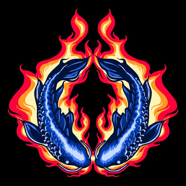 Vector diseño de camiseta de ilustración de vector de fuego de infierno de pez koi azul gemelo