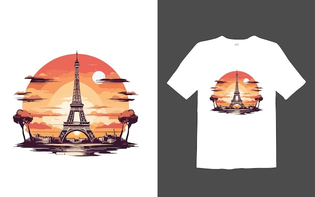 Vector diseño de camiseta de ilustración vectorial de amanecer y torre.