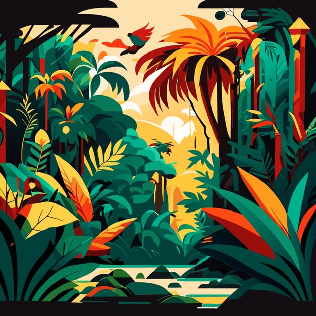 un diseño de camiseta jungla tropical ilustrador de adobe vector de color plano estilo midjourney ultra