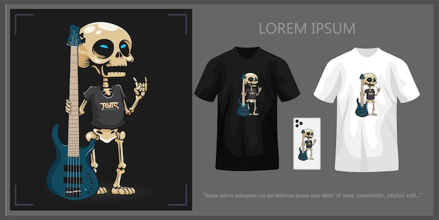 Diseño de camiseta con una linda calavera sosteniendo un bajo completo con maqueta