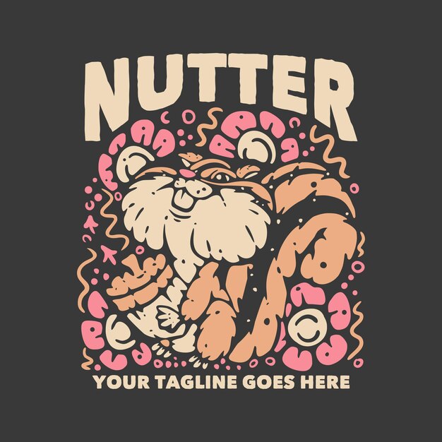 Diseño de camiseta loco con ardilla que lleva una nuez con ilustración vintage de fondo gris