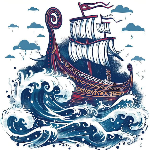 Vector el diseño de la camiseta de mar tormentosa del longship vikingo en el estilo de