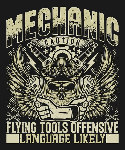 Diseño de camiseta mecánica precaución herramientas voladoras y lenguaje ofensivo probable