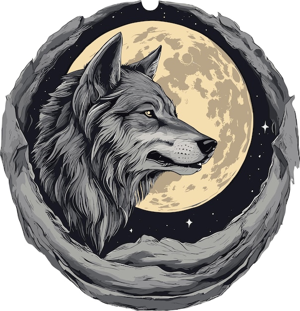 Vector diseño de camiseta moderna con cabeza de lobo a la luz de la luna.