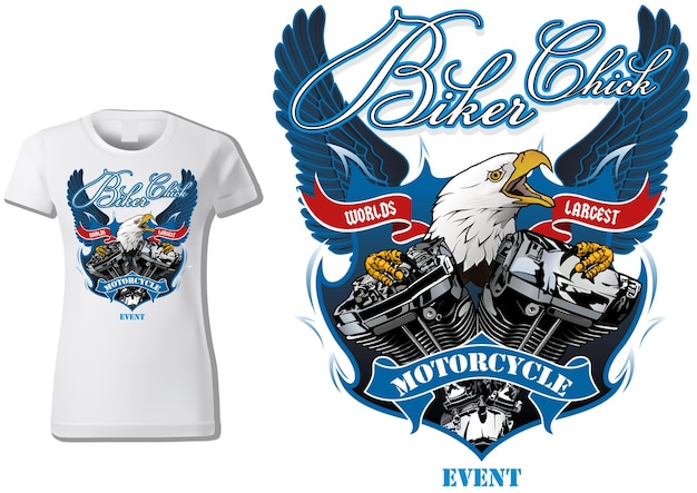 Diseño de camiseta para motociclistas con águila y motor con alas decorativas en segundo plano.
