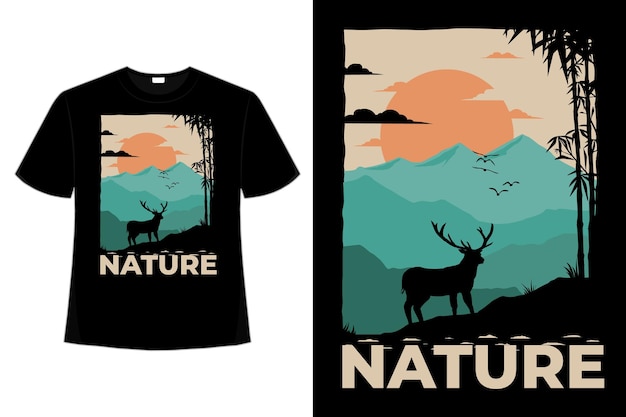 Diseño de camiseta de naturaleza ciervos montaña bambú cielo color retro vintage ilustración