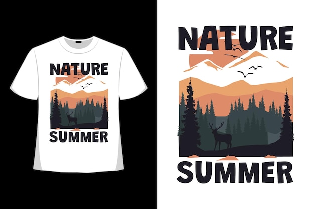 Diseño de camiseta de naturaleza paisaje verano ciervos dibujados a mano en estilo retro