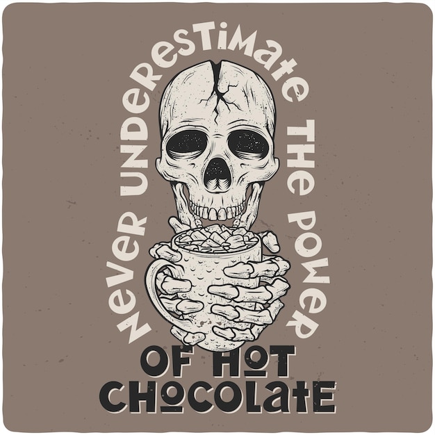 Diseño de camiseta o afiche con ilustración de calavera y taza de chocolate caliente