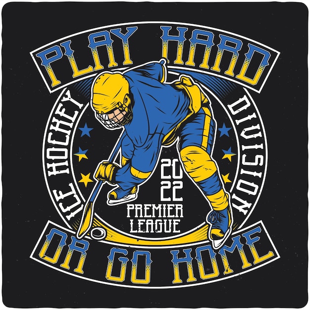 Diseño de camiseta o afiche con ilustración de jugador de hockey sobre hielo