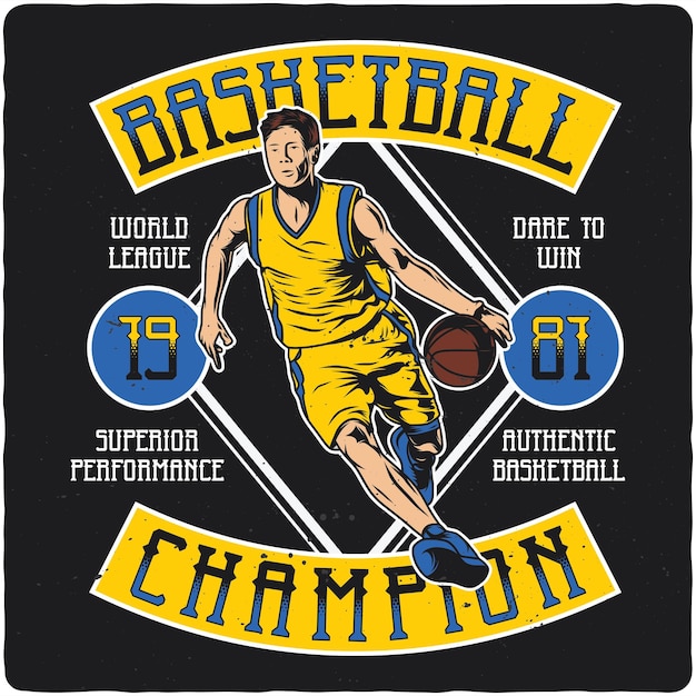 Diseño de camiseta o póster con ilustración de jugador de baloncesto.