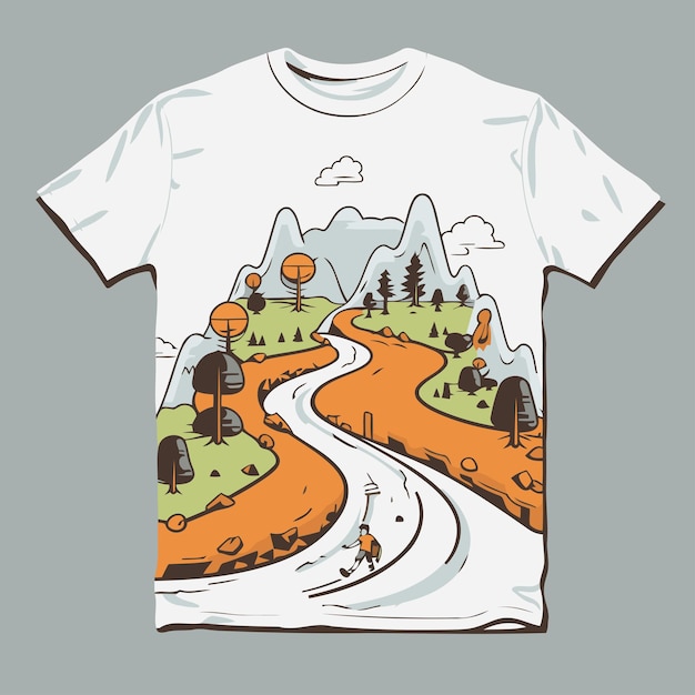 Diseño de camiseta con un paisaje de montaña y una ilustración vectorial de carretera