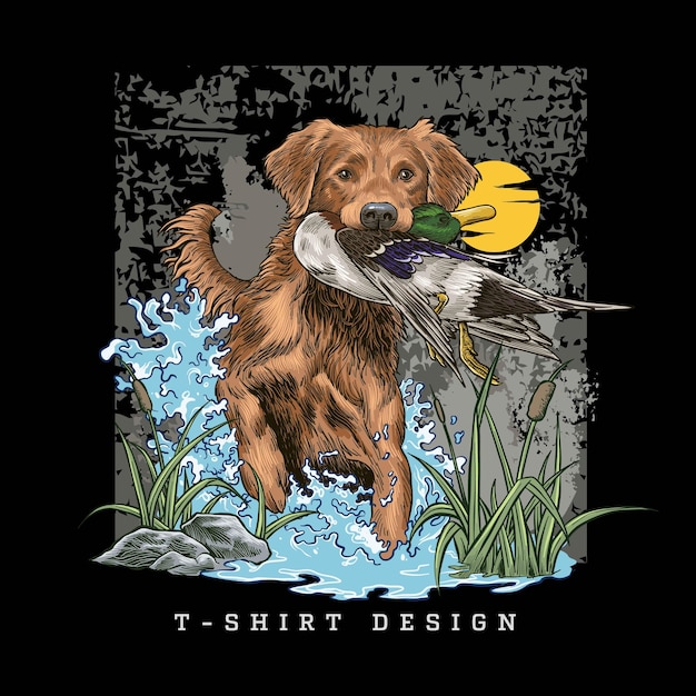 diseño de camiseta de perro de caza atrapando patos en un pantano