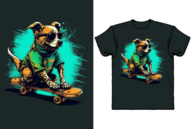 Diseño de camiseta para un perro con patineta y auriculares.