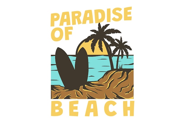 Diseño de camiseta con puesta de sol de surf de mar de playa paradisíaca en estilo retro vintage dibujado a mano