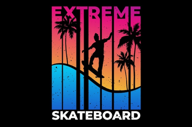 Diseño de camiseta con puesta de sol de verano en patineta extrema en retro.