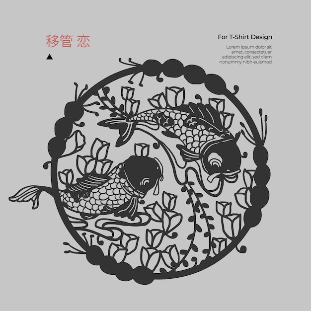 Diseño de camiseta de silueta de flor y Koi dibujado a mano