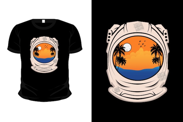 Diseño de camiseta de silueta de ilustración de playa tropical con casco de astronautas