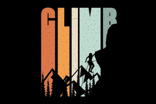 Diseño de camiseta con silueta de pino de escalada de montaña en estilo retro