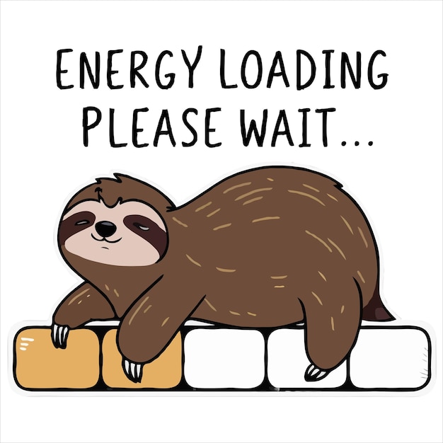 Diseño de camiseta con Sloth en barras de carga con carga de energía Por favor espere texto